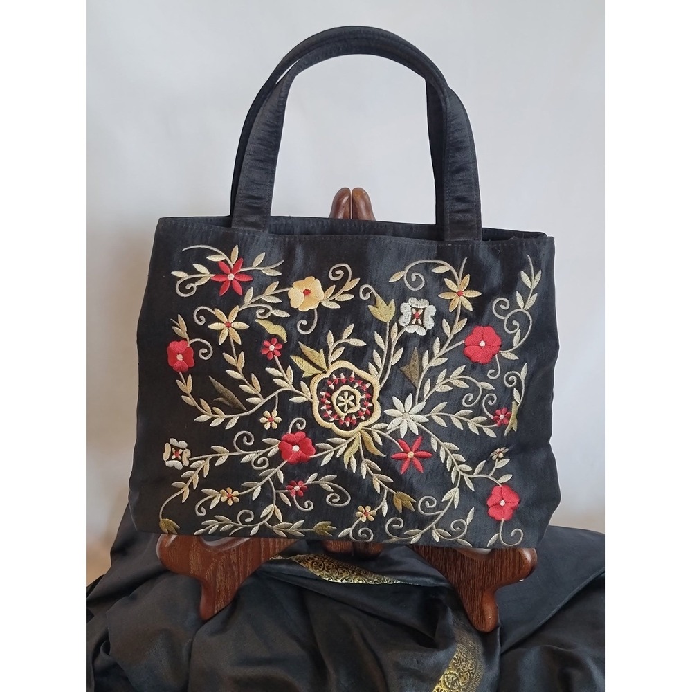 Frankie & Johnnie Black Satin Floral Embroidered Handbag Tote Evening Bag